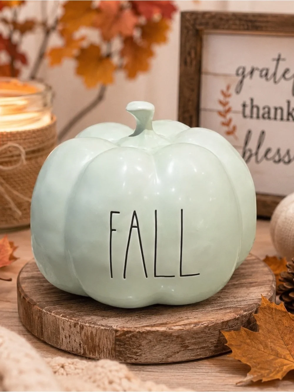 NWT Rae Dunn Small Green “FALL” Ceramic Pumpkin | Cozy Farmhouse Decor